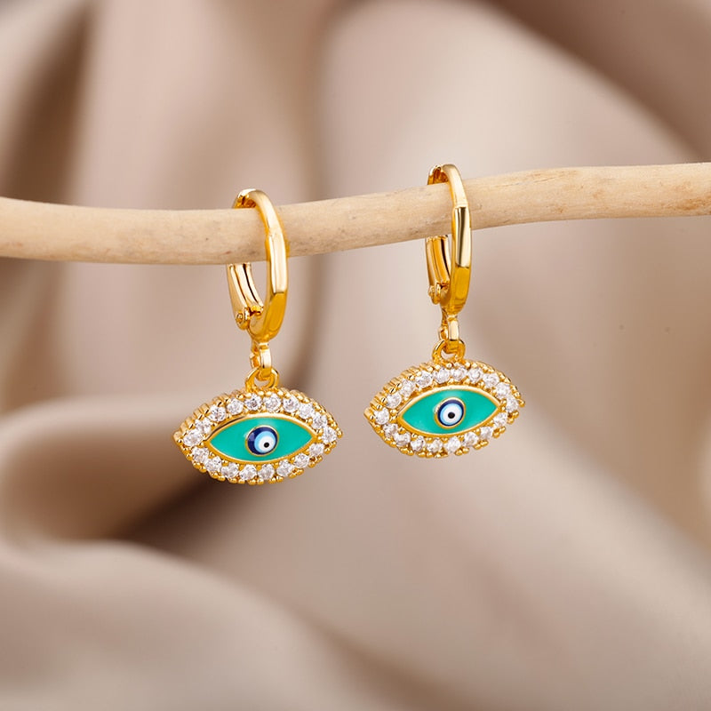 Gold Color Blue Evil Eye Hoop Earrings