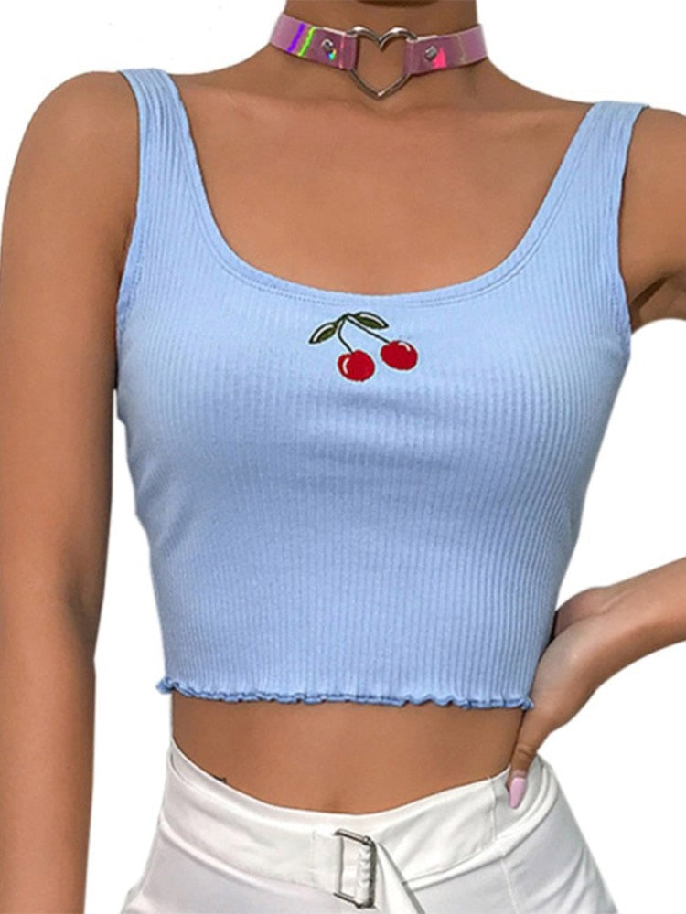 Cute Cotton Ribbed Cherry Embroidered Baby Blue Cami