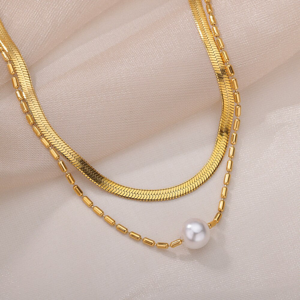 Pearl Beads Chic Exquisite Necklaces Stainless Steel Gold Color Double Snake Chain