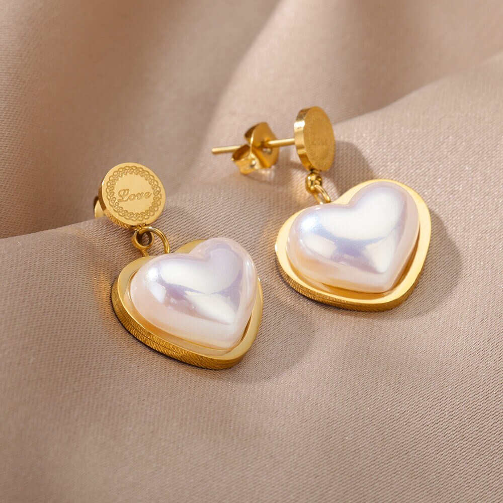 Stainless Steel Heart Pearl Earrings