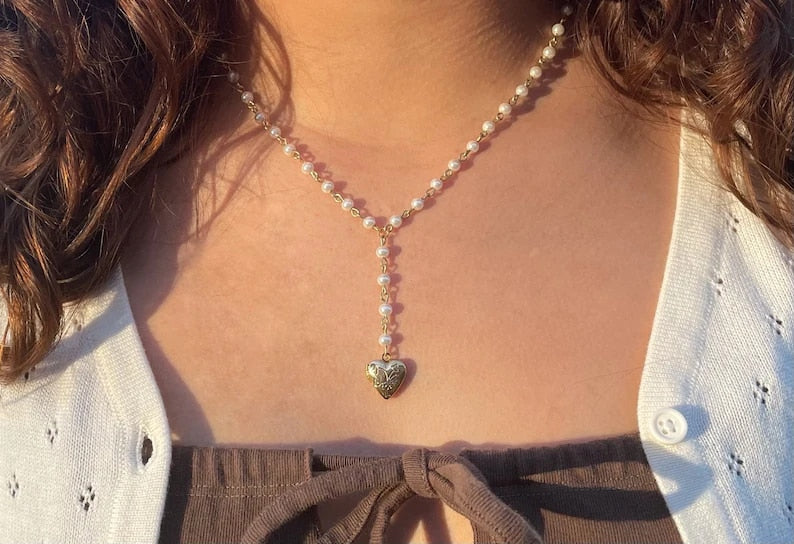 Faux Pearl Rosary Heart Locket Necklace