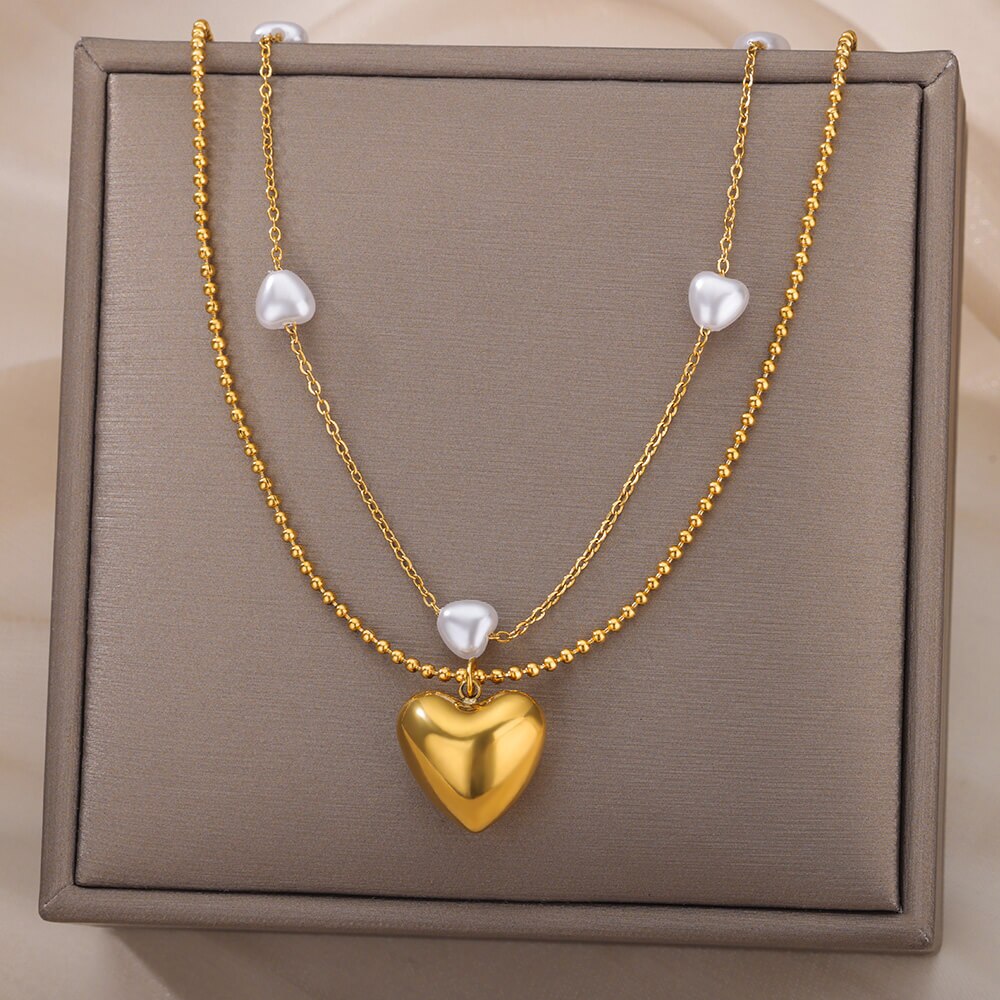 Multilayer Simulated Pearl Heart Necklace Stainless Steel Cable Ballchain