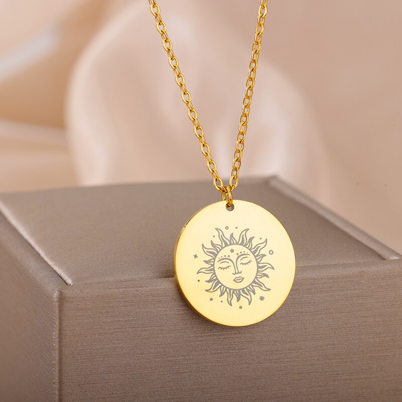 316L Stainless Steel Necklace Plated Ethnic Sun Face Pendant