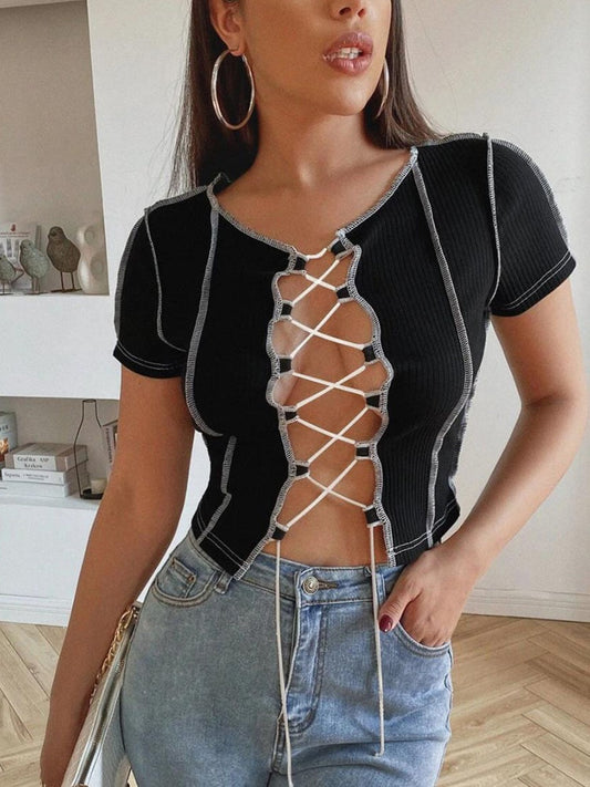 Patchwork Exposed Seam Lace Up Tee