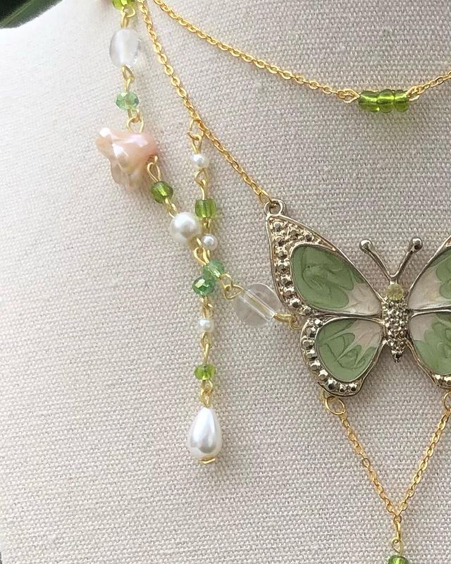 Fairycore Ethereal Green Golden Faux Pearl Beaded Necklace