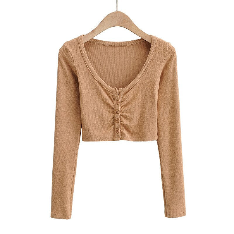 Cute Ribbed Button Down Long Sleeve Cropped Cardigan