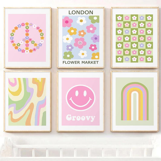 Colorful Danish Pastel Hippie Floral Abstract Canvas Wall Art Prints