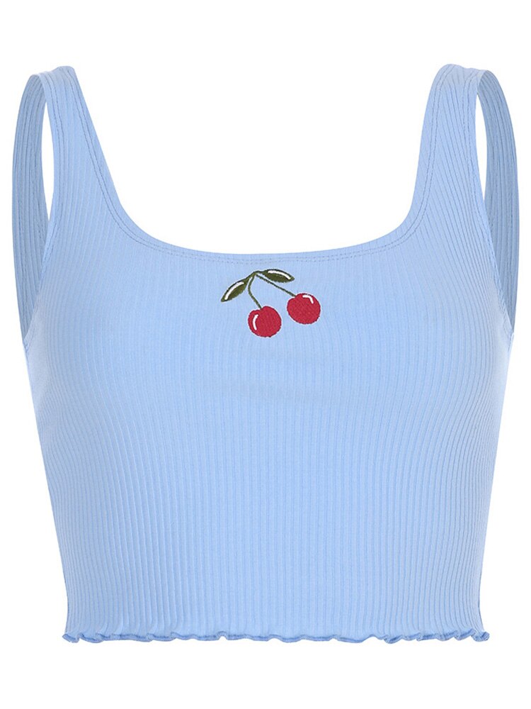 Cute Cotton Ribbed Cherry Embroidered Baby Blue Cami