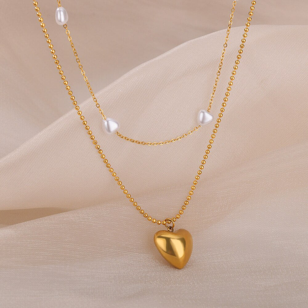 Multilayer Simulated Pearl Heart Necklace Stainless Steel Cable Ballchain