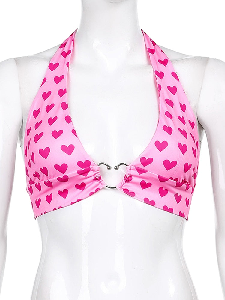 Cute Valentines Heart Print Metal Heart Detail Bralette/Top