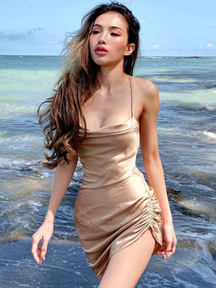 sweetener backless ruched satin mini dress Women's Ruched Backless Satin Mini Dress Alorar