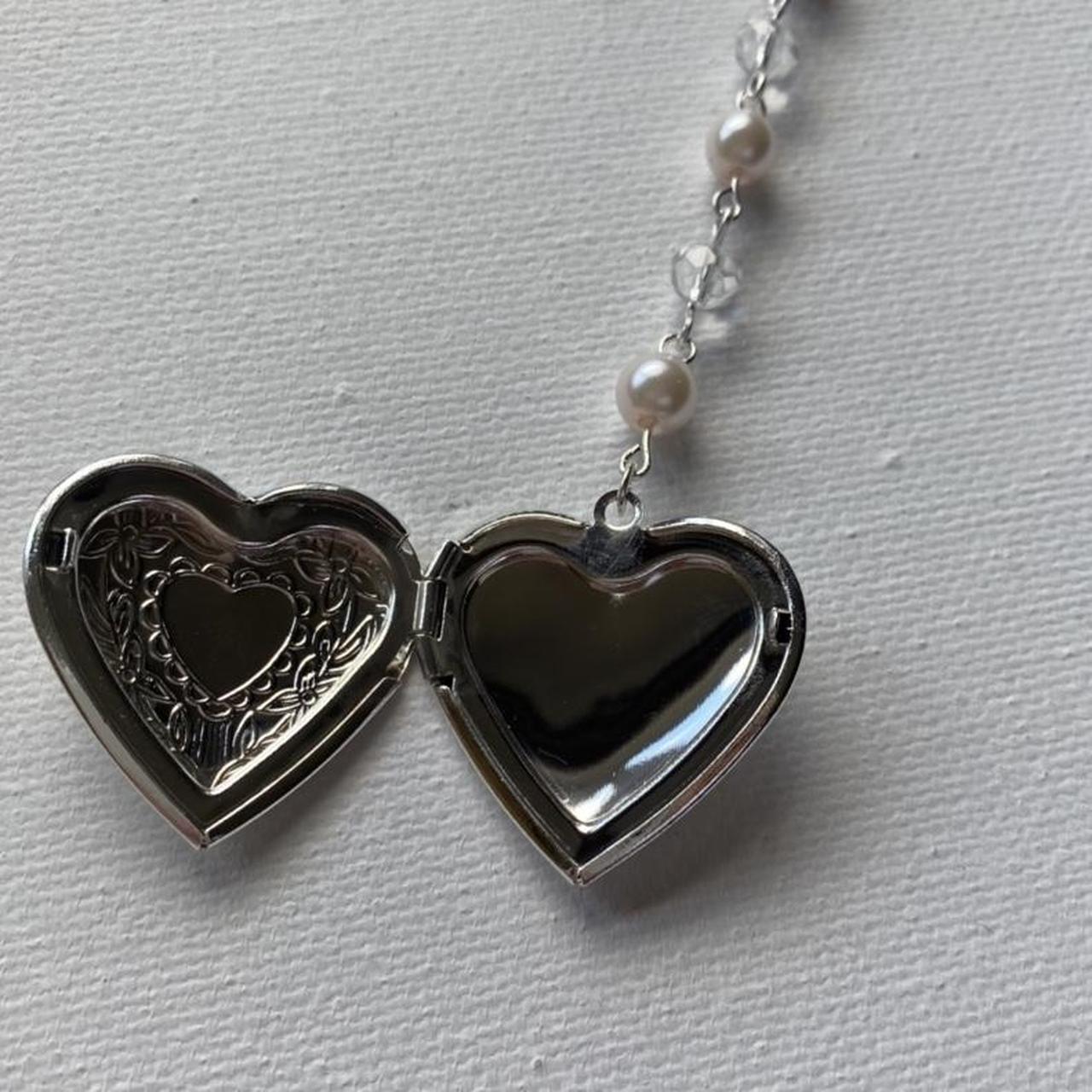 Faux Pearl Rosary Heart Locket Necklace