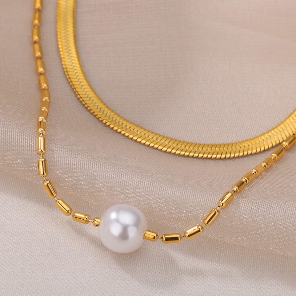 Pearl Beads Chic Exquisite Necklaces Stainless Steel Gold Color Double Snake Chain