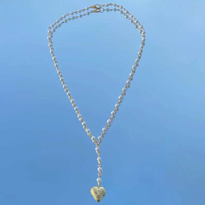 Faux Pearl Rosary Heart Locket Necklace