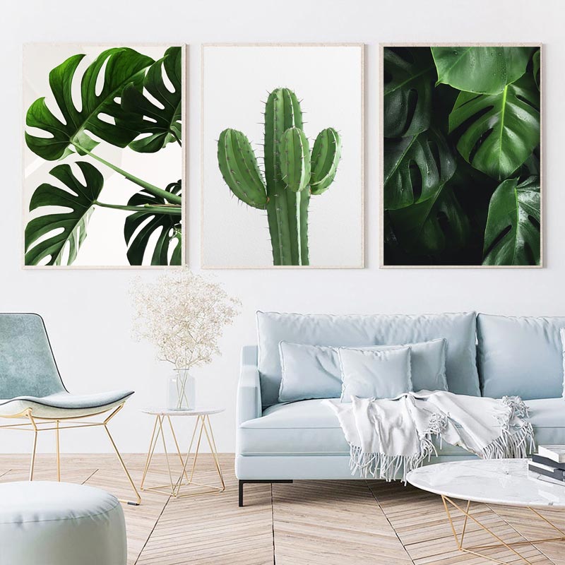 Green Tropical Plant Painting Monstera Cactus Poster Wall Art