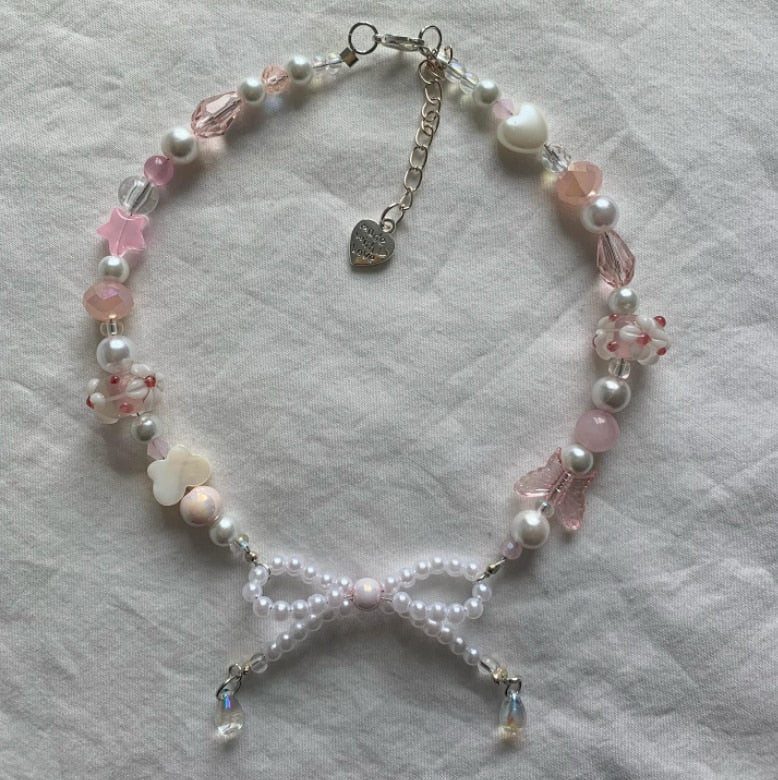 Cotton Candy Bow Beaded Necklaces Faux Pearls Stars