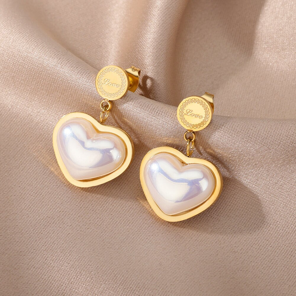 Stainless Steel Heart Pearl Earrings