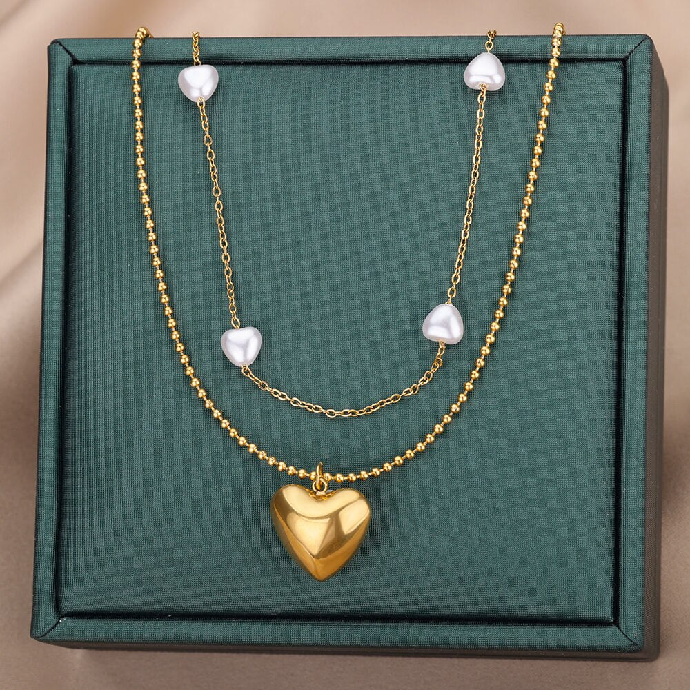 Multilayer Simulated Pearl Heart Necklace Stainless Steel Cable Ballchain