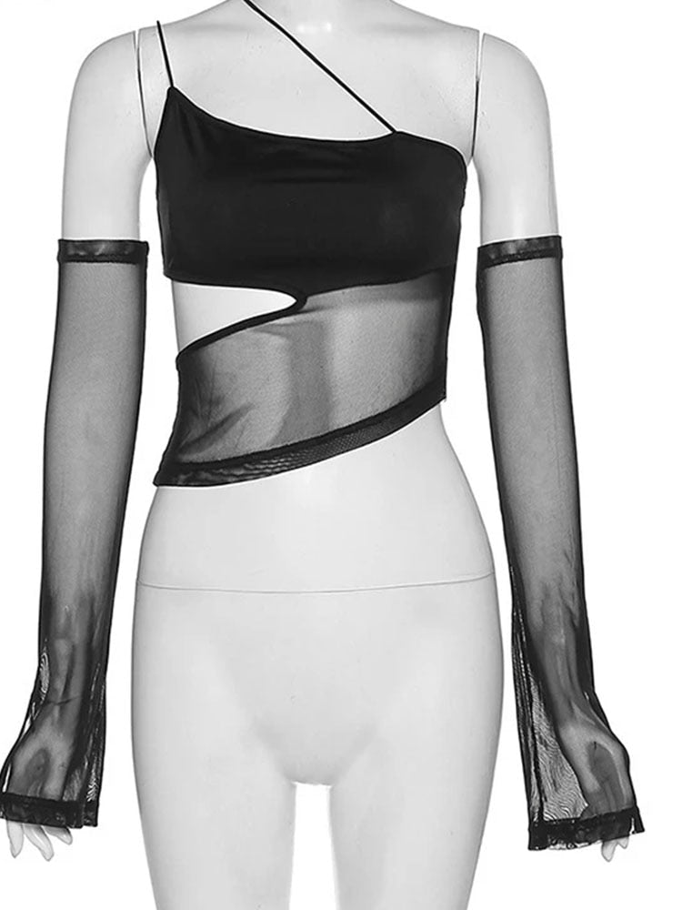 Grunge Asymmetrical Cut Out Mesh Detail Top With Sleeves