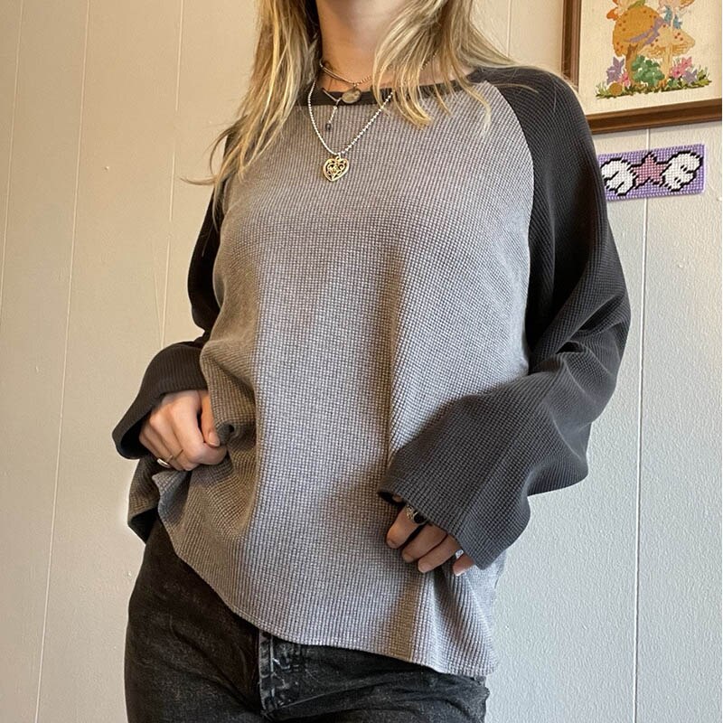 Casual Comfy Ribbed Contrast Long Sleeve Tee